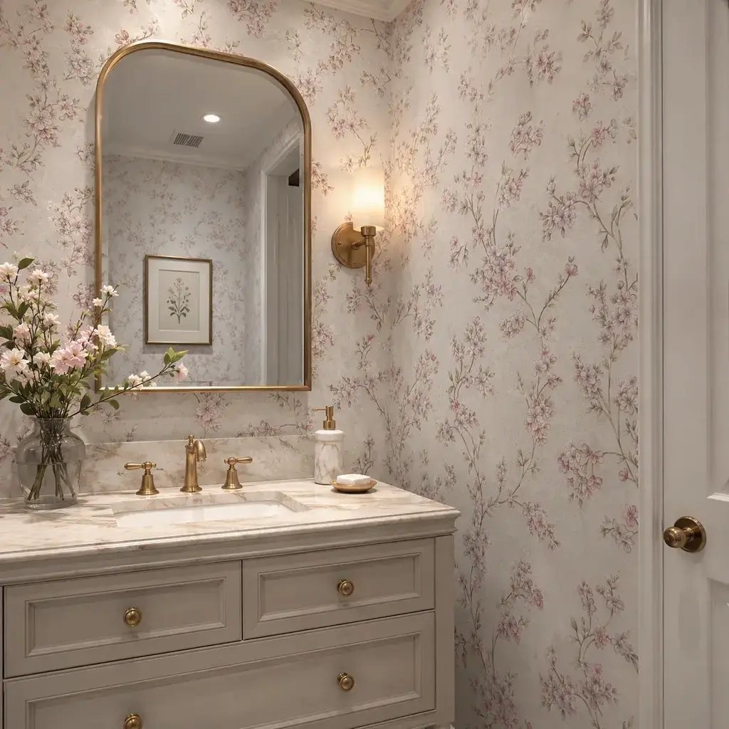 Papel de parede Floral Delicado Off White e Rosa com Brilho Biarritz — Alex Quaresma Fernandes, Vila Isabel